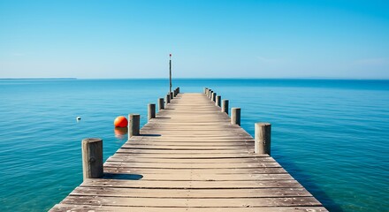 Obraz premium Wooden wharf,buoy and blue Sky