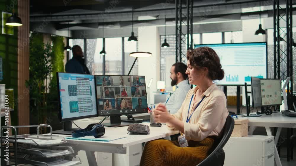 Poster woman engaging in discussion on video call to share finance strategy details, using data analysis to