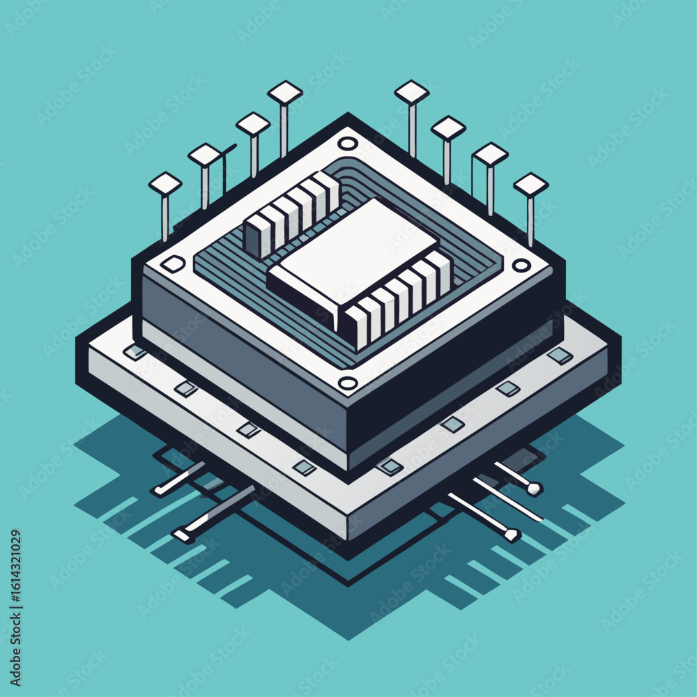 Poster isometric illustration of a modern computer processor chip with multiple pins on a teal background