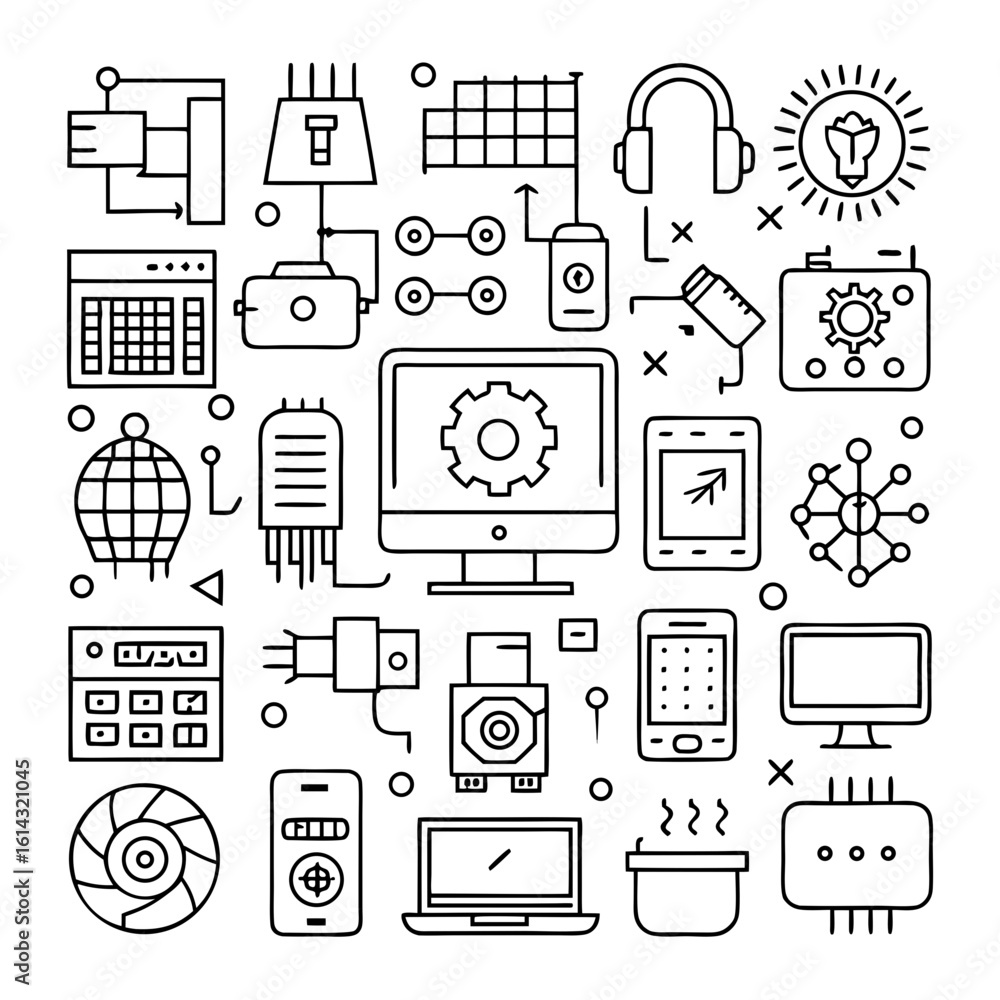 Aufkleber a collection of modern technology and electronic device icons arranged in a grid pattern