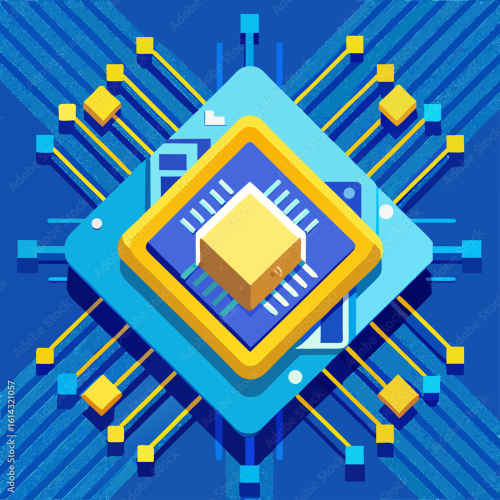 Poster abstract digital circuit board with central processor and connecting pathways