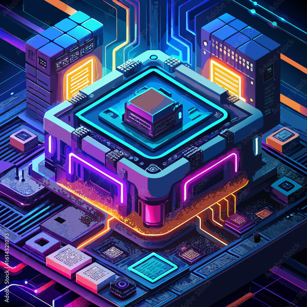 Poster futuristic digital circuit board with glowing neon lights and central processor unit