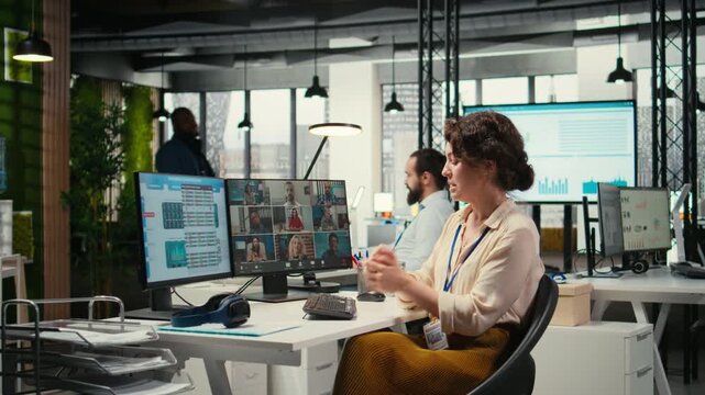 Woman engaging in discussion on video call to share finance strategy details, using data analysis to create a briefing for reports. Building an effective partnership via conferencing. Camera A.