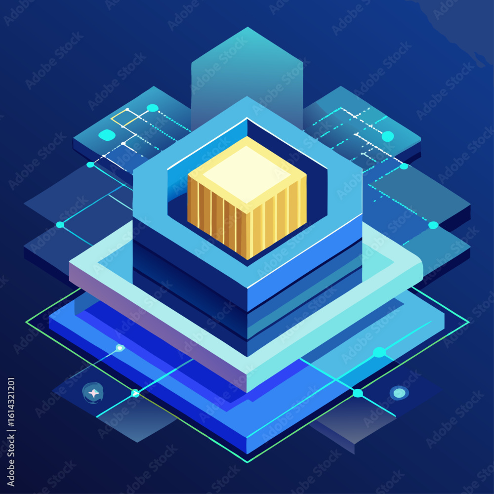 Poster abstract isometric digital data block structure with glowing connections and circuit board elements