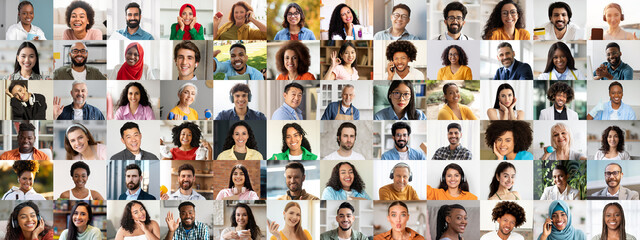 Fototapeta premium A vibrant collage featuring joyful faces of diverse individuals.
