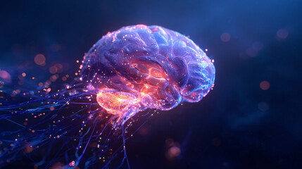Glowing Blue and Purple Human Brain with Neural Network Connections on Dark Background