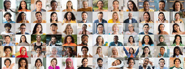This lively collection showcases a diverse group of happy individuals from various backgrounds, each displaying a warm smile.