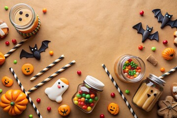 A festive arrangement of halloween treats including pumpkin and ghost cookies, candy jars, and bat decorations on a light brown background