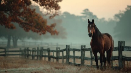 Brown Horse in a Foggy Autumn Field