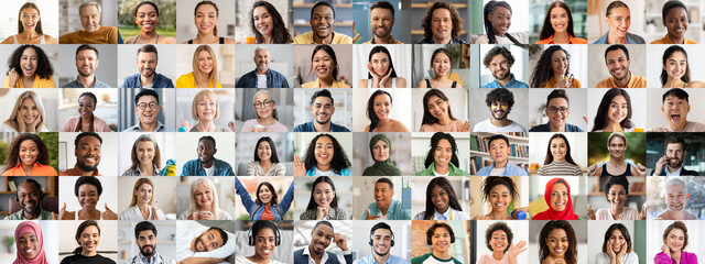 Fototapeta premium A vibrant collection of diverse individuals smiling and sharing joy. This portrait showcases multiracial faces, highlighting happiness and connection in a lively atmosphere.