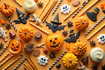 A vibrant overhead view of halloween treats including pumpkin and ghost cookies, candy jars, and bat decorations scattered on a wooden surface