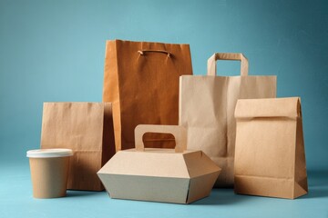 An assortment of various-sized brown paper bags and a cardboard food container, alongside a disposable coffee cup, arranged on a blue backdrop