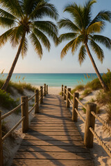 Obraz premium A scenic wooden boardwalk, lined with rope fences and beach grass, leads to a serene turquoise ocean under a bright sky