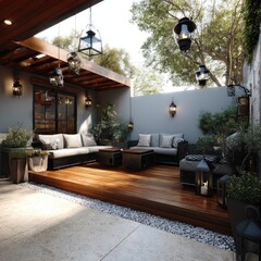 Sunny patio with wooden deck, comfy seating, and lanterns