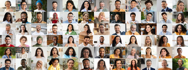 A joyful collage of diverse individuals with varying backgrounds displays smiles and warmth.