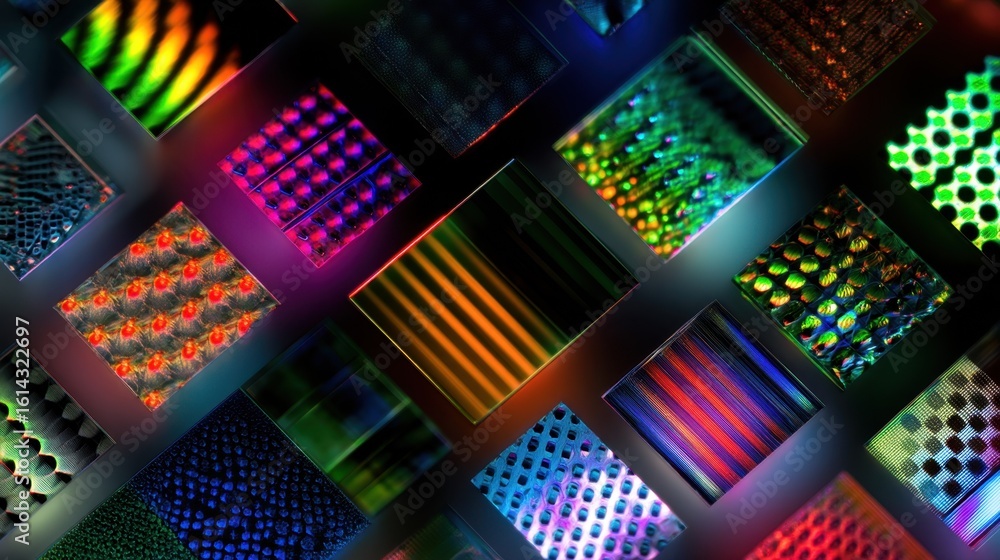 Poster macro lens view of various experimental grating samples, each uniquely patterned with sub 10nm featu