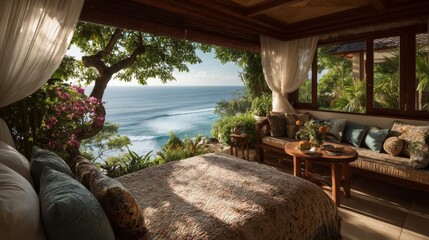 Obraz premium Ocean View Room with Tropical Decor and Comfortable Bed