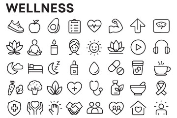 Wellness icons set featuring fitness, healthy eating, relaxation, hydration, meditation, and mental well being for a balanced lifestyle, ideal for wellness design