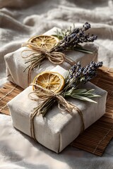Dried flower gift wrapping with a naturalistic sensibility – eco-friendly packaging image using cloth and dried oranges.