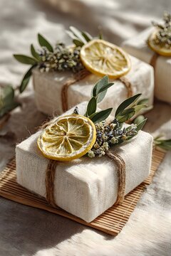 Dried flower gift wrapping with a naturalistic sensibility &ndash; eco-friendly packaging image using cloth and dried oranges.