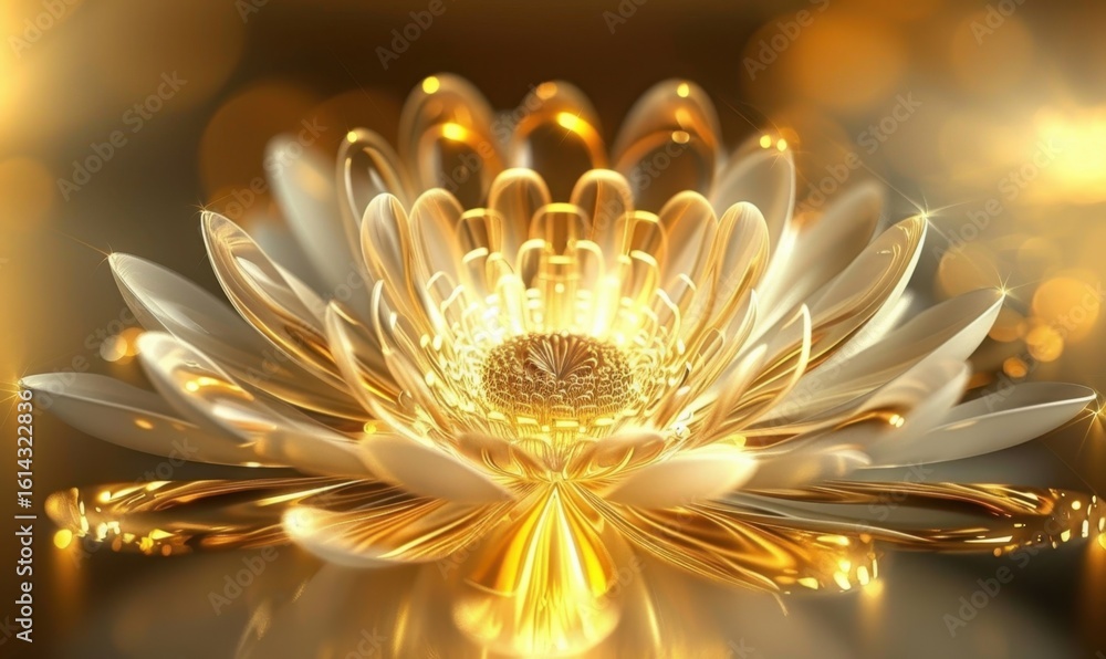 Poster golden lotus flower with soft shimmering background for design projects