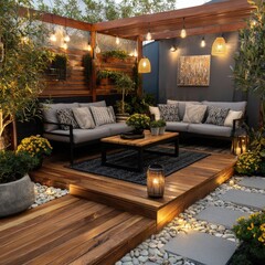 Outdoor patio with wooden decking, comfortable seating, and string lights