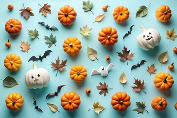A charming halloween pattern featuring an array of pumpkins, autumn leaves, and spooky figures arranged on a vibrant blue background