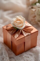 Rose gold colored ring case package design decorated with fresh roses