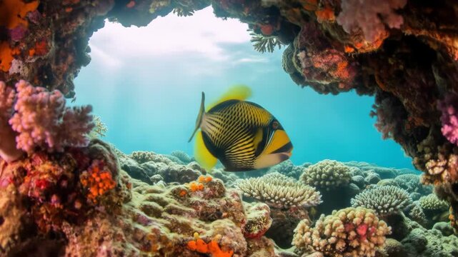 Majestic Triggerfish swimming through coral reef arch in turquoise ocean underwater. Marine life and colorful coral.