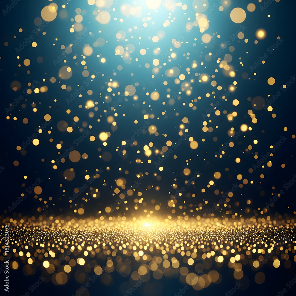 Poster golden shimmering particles descend and collect on a surface, illuminated by a bright glow from abov