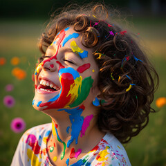 A young, joyful child, 5-7 years old, with curly brown hair and a face covered in vibrant paint, laughs with closed eyes, radiating pure happiness