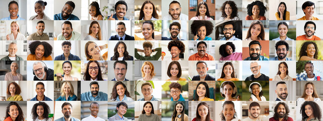 A vibrant collection of portraits showcases a diverse group of people smiling and expressing joy....