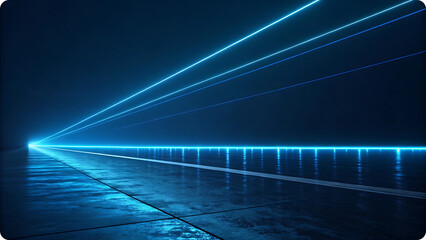 Obraz premium Neon light tunnel with reflective floor abstract background