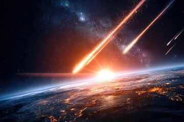 Fiery meteors streak across space toward Earth