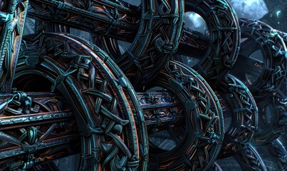 Intricate metallic rings and structures abstract industrial design elements