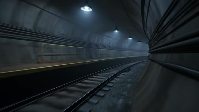 Dark and Gritty Empty Subway Platform with Tracks and Industrial Elements
