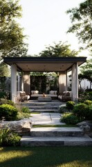 Modern outdoor gazebo with seating area and fire pit