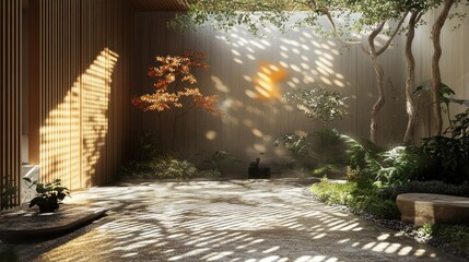 Tranquil indoor garden oasis with natural light filtering through wooden slatted panels
