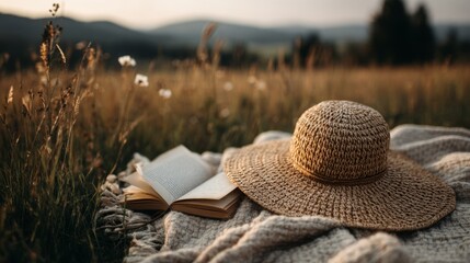 Straw Hat and Open Book on Blanket in Summer Field