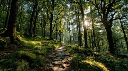 Obraz premium Sunlit Forest Path: A Mossy Stone Trail Through Lush Green Woods