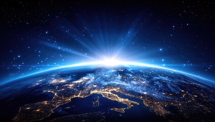 Fototapeta premium Earth at dawn, seen from space. City lights illuminate Europe