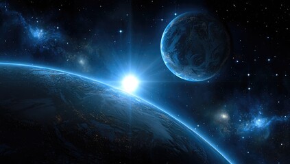 Obraz premium Space sunrise over Earth and a distant planet