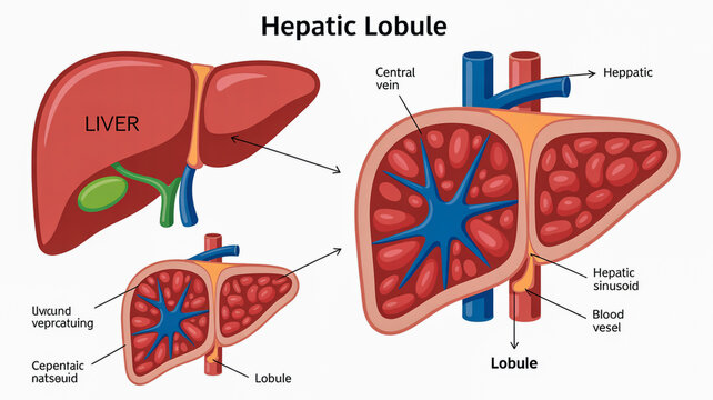 Medical diagram of liver hepatic lobule structure with central vein and blood vessels anatomy
