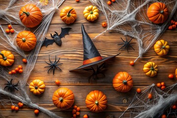 A spooky halloween scene with pumpkins, a witch hat, spiders, and cobwebs arranged on a weathered wooden table