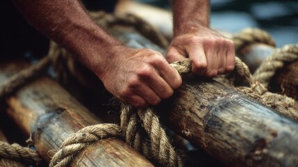 Captivating medium shot capturing hands of a skilled logger tightening ropes on a wooden log raft