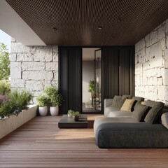 Modern balcony with wood, stone, and seating