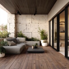 Modern balcony with stone wall, comfy seating, and plants