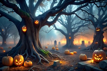 A spooky halloween forest scene at night, with glowing jackolanterns carved into ancient trees and pumpkins scattered on the ground