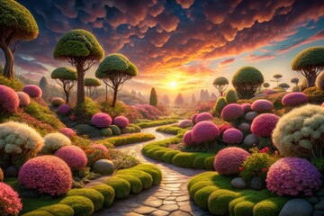 Fototapeta premium Serene Sunset Vista A Winding Stone Path Meanders Through a Lush, Vibrant Garden Filled with Ornamental Shrubs and Trees, Bathed in the Golden Hues of a Dramatic Sky