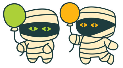 Two cute mini mummies holding balloons with playful expressions, perfect for Halloween decorations or themed parties, showcasing adorable